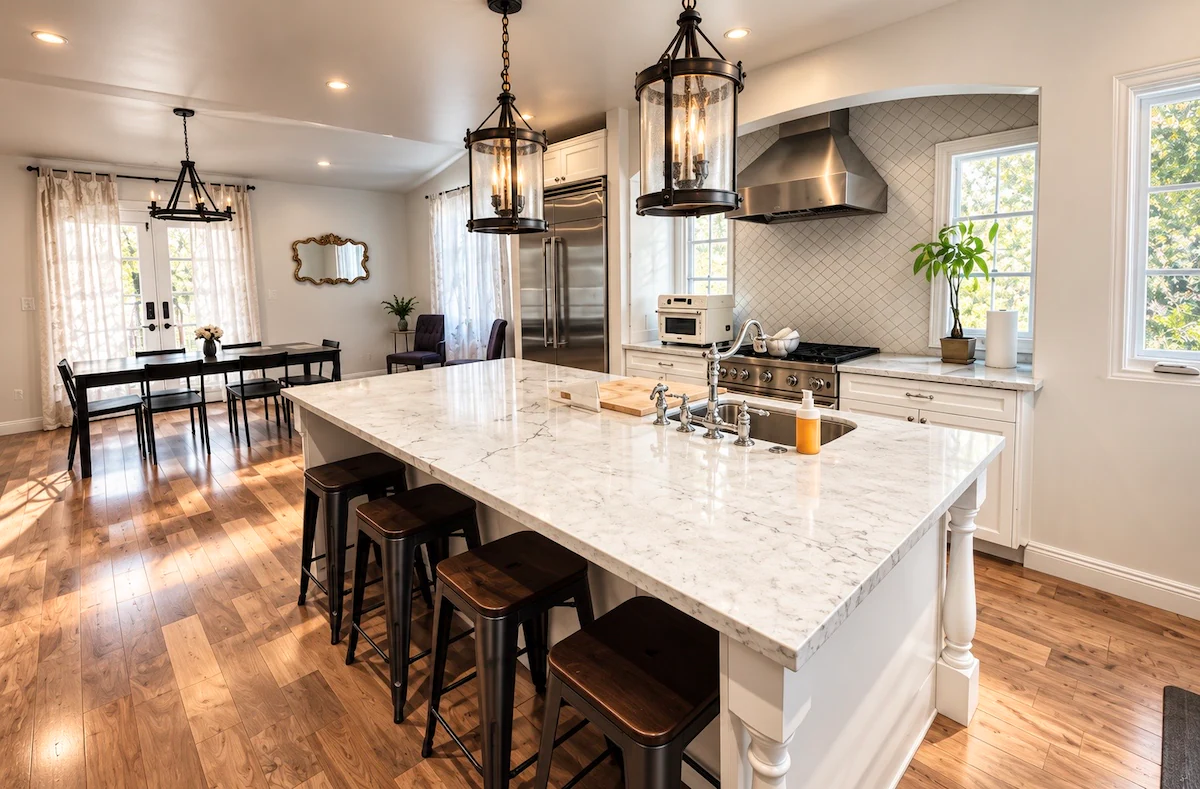 Full kitchen with marble island and pendant lighting