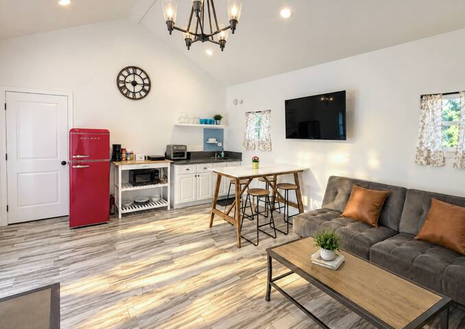 2 Bedroom Guest House Villa - HV3 living room with red refrigerator and kitchenette